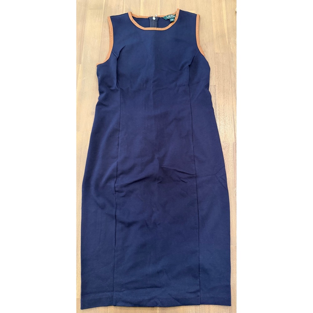 Lauren Ralph Lauren Navy Blue Sheath Dress Faux Leather Trim Size S Ponte Knit